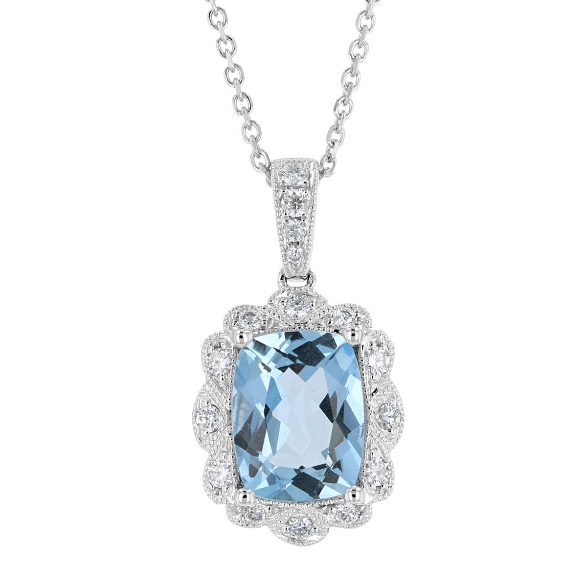 Cushion Aquamarine Pendant with Diamond Scalloped Milgrain Frame in White Gold, 18