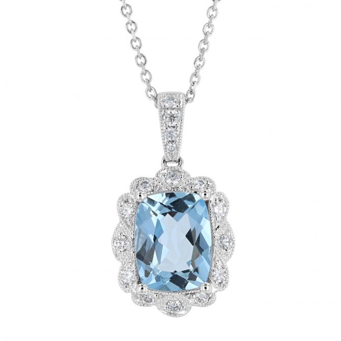 Cushion Aquamarine Pendant with Diamond Scalloped Milgrain Frame in White Gold, 18"