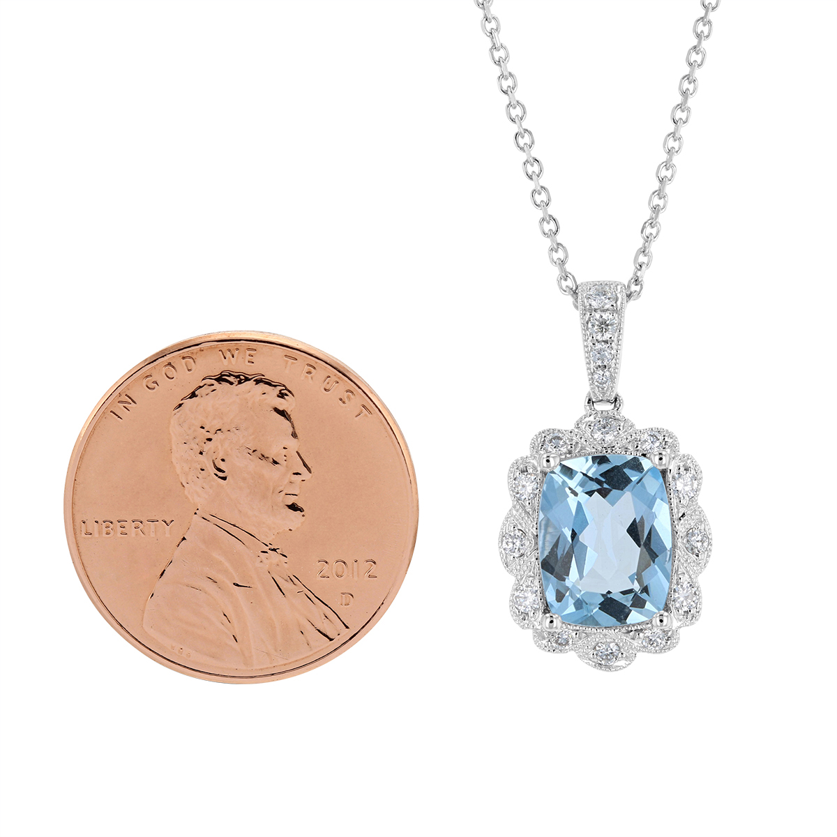 Cushion Aquamarine Pendant with Diamond Scalloped Milgrain Frame in White Gold, 18