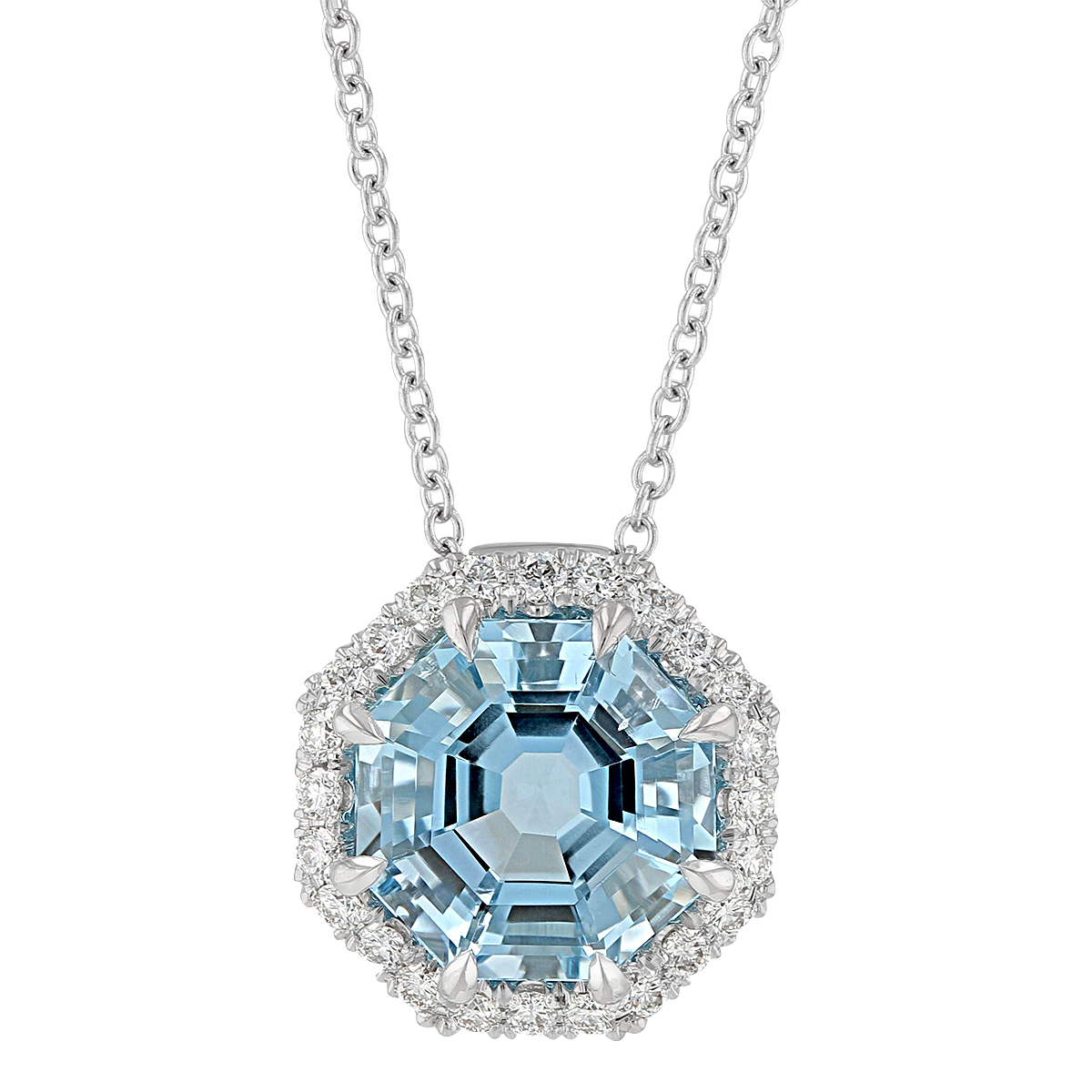 Octagonal Step Cut Aquamarine Pendant with Diamond Halo in White Gold, 18