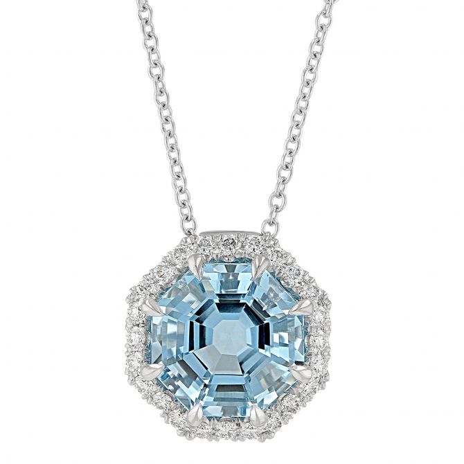 Octagonal Step Cut Aquamarine Pendant with Diamond Halo in White Gold, 18"
