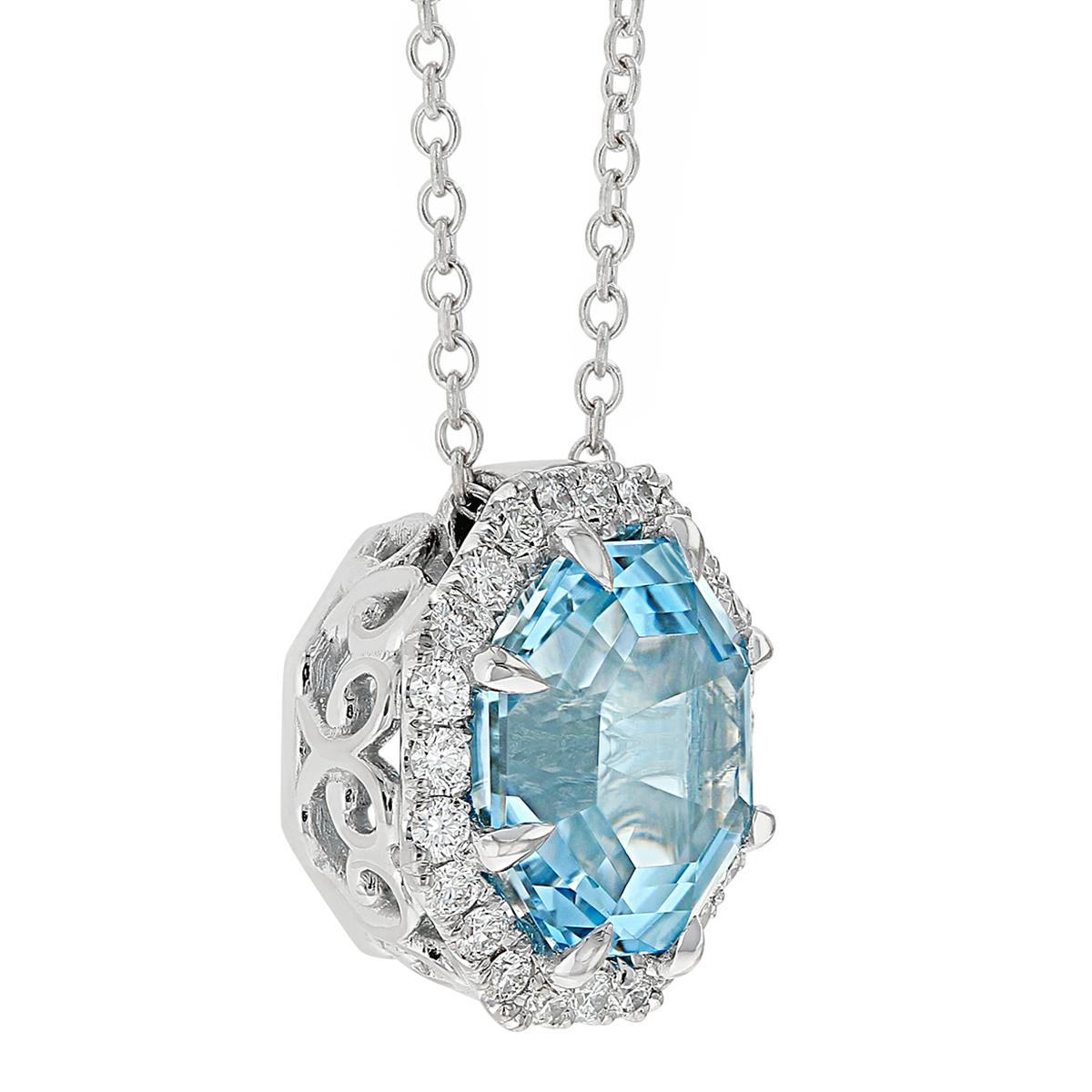 Octagonal Step Cut Aquamarine Pendant with Diamond Halo in White Gold, 18