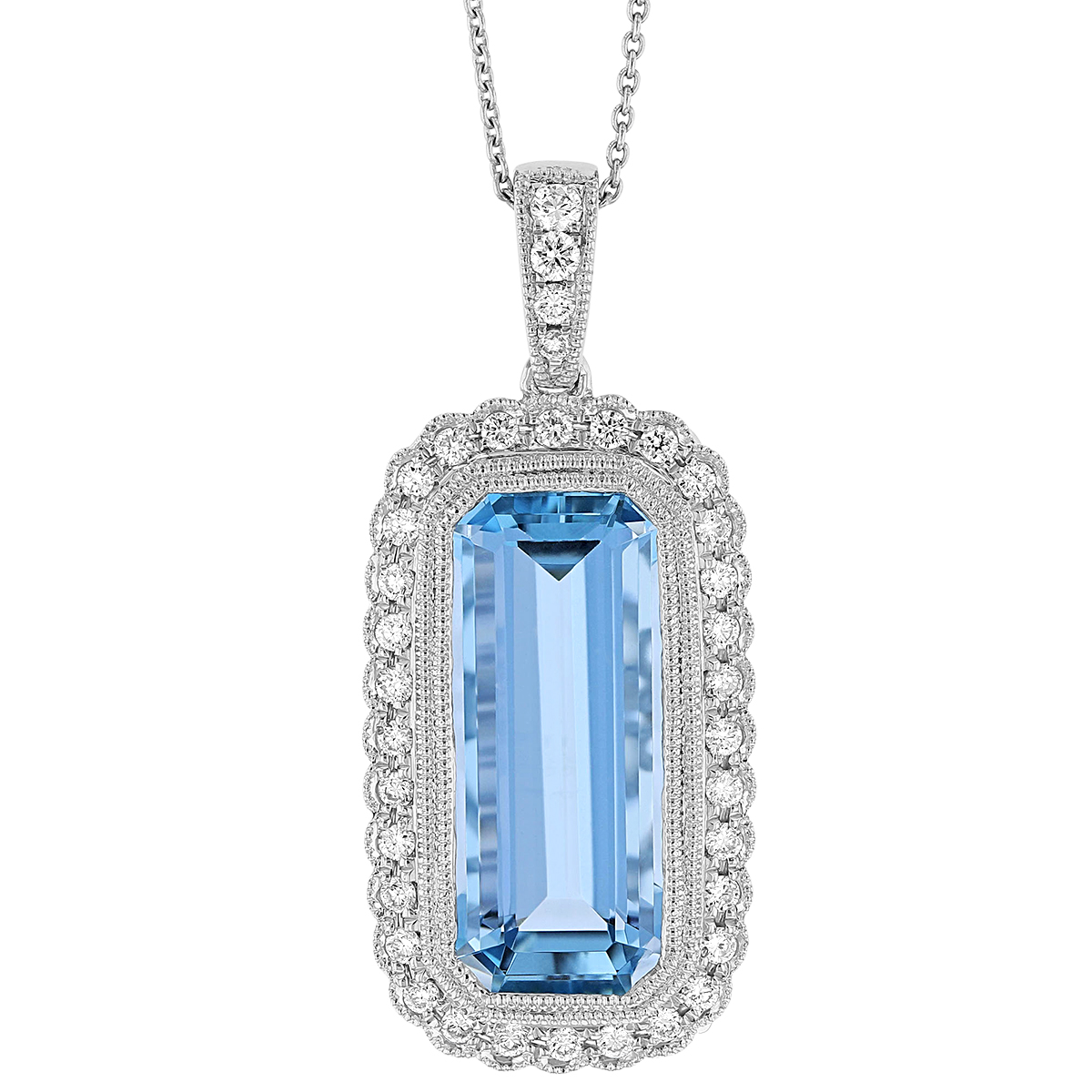 Emerald Cut Aquamarine & Diamond Scalloped Milgrain Halo Pendant in