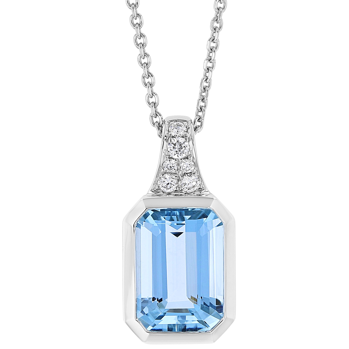 Emerald Cut Aquamarine Bezel Set Pendant with Diamond Bail in White Gold, 18