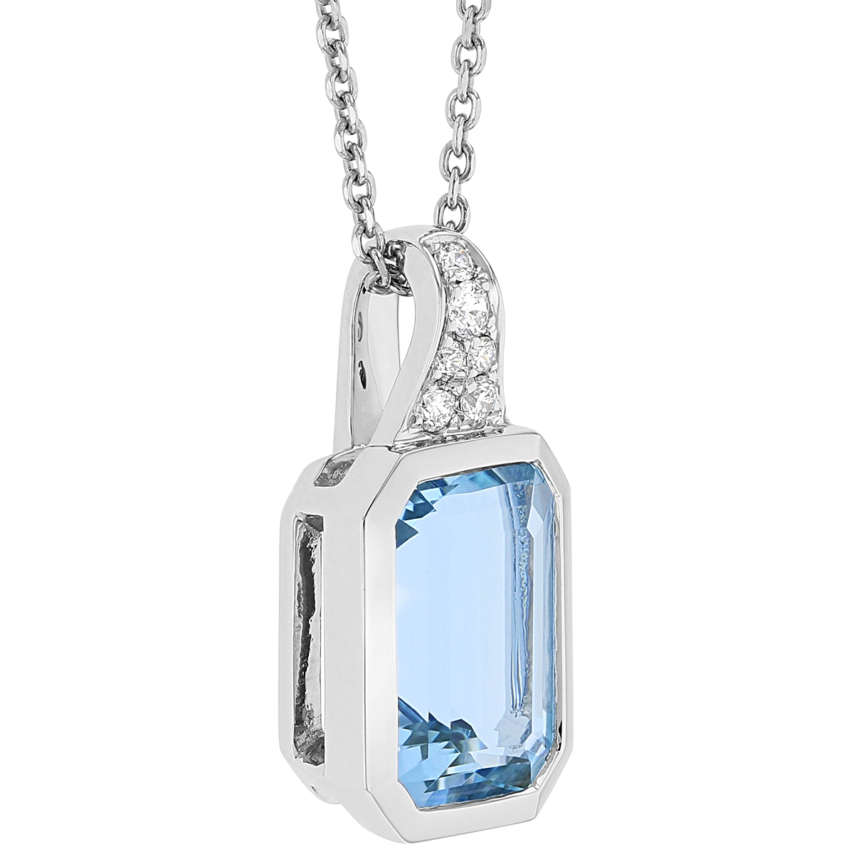 Emerald Cut Aquamarine Bezel Set Pendant with Diamond Bail in White Gold, 18