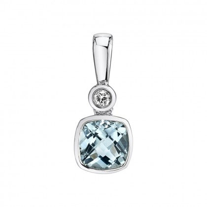 Cushion Aquamarine & Diamond Bezel Set Pendant in White Gold