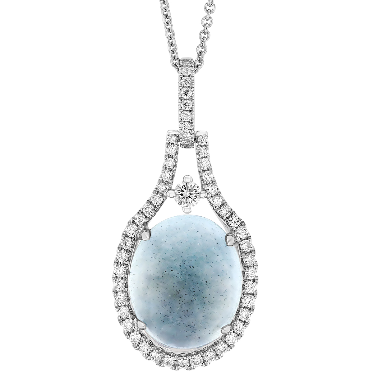 Oval Aquamarine Cabochon Pendant with Open Diamond Halo in White Gold, 18