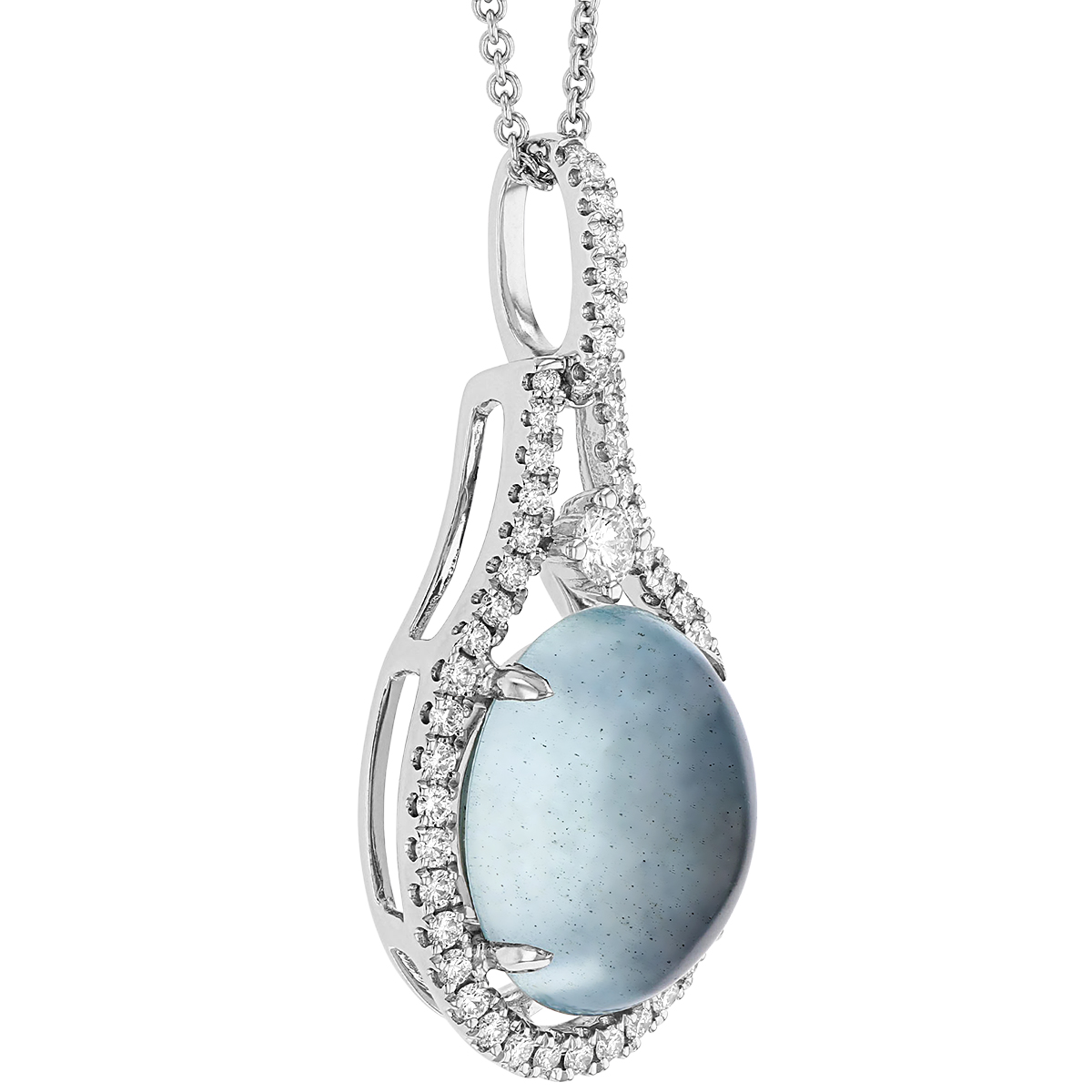 Oval Aquamarine Cabochon Pendant with Open Diamond Halo in White Gold, 18