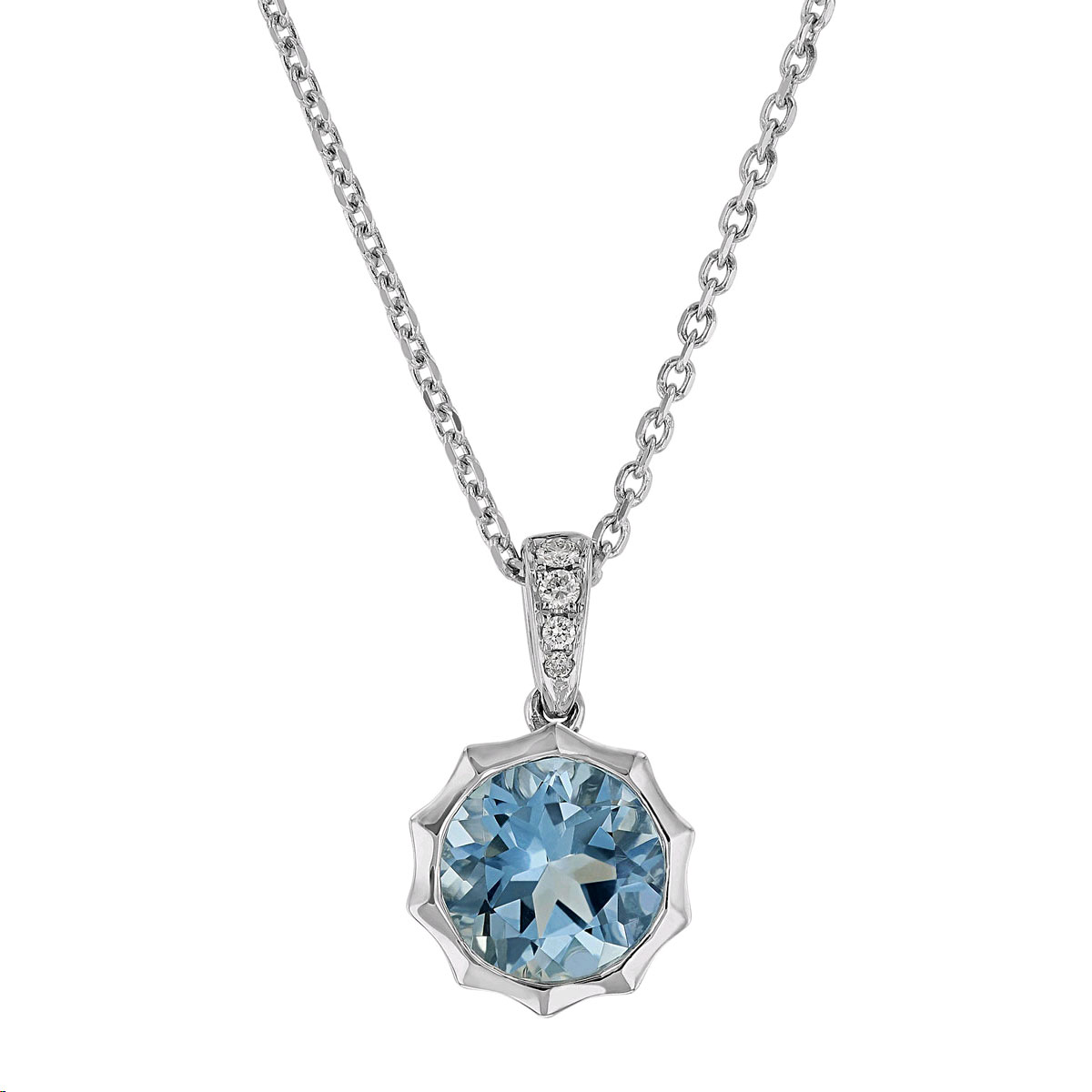 Round Aquamarine Pointed Bezel Pendant with Diamond Bail in White Gold, 18