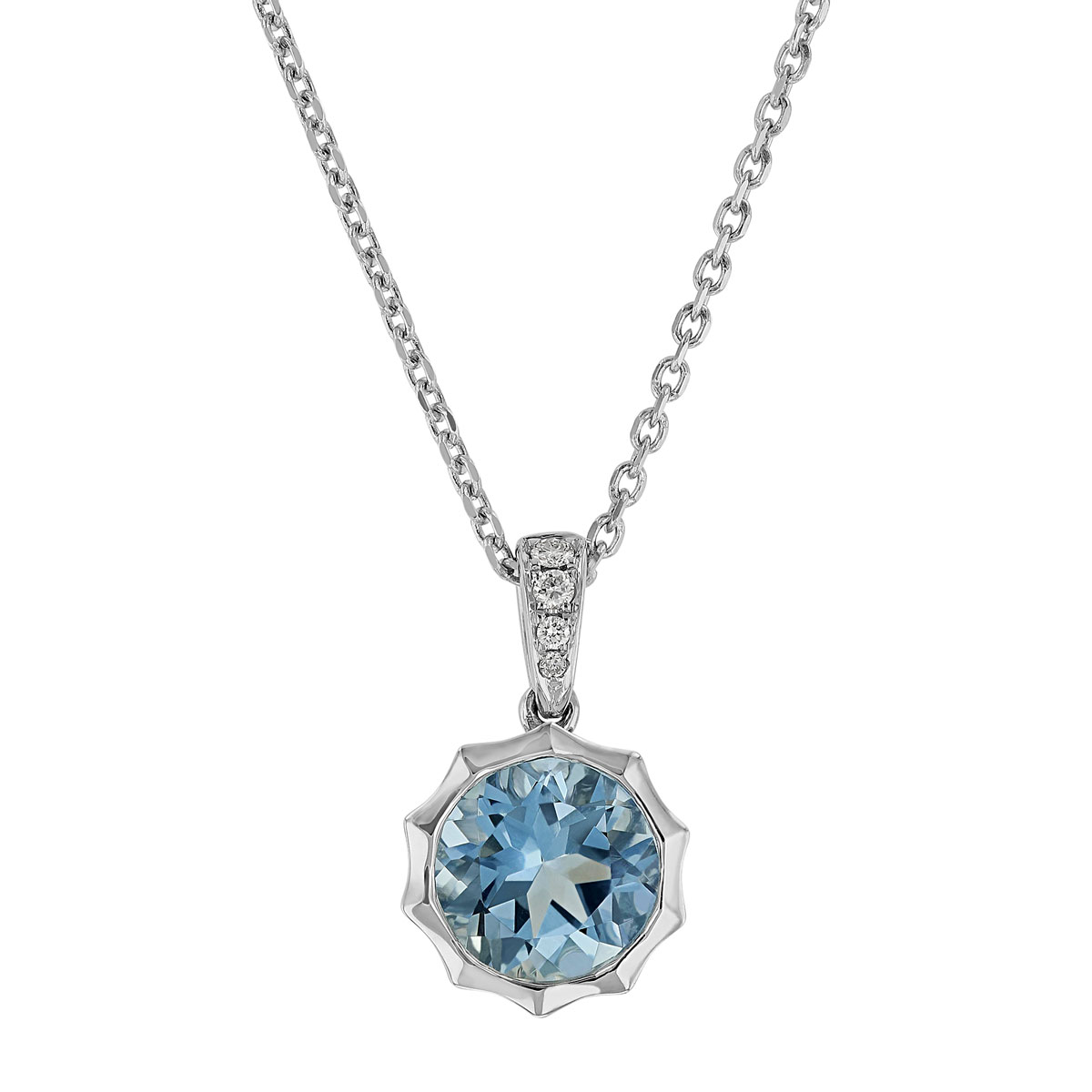Round Aquamarine Pointed Bezel Pendant with Diamond Bail in White Gold, 18