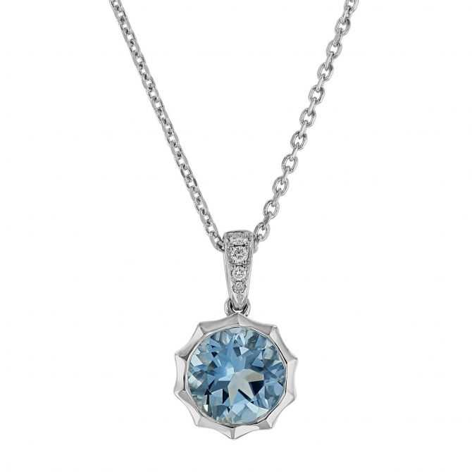 Round Aquamarine Pointed Bezel Pendant with Diamond Bail in White Gold, 18"