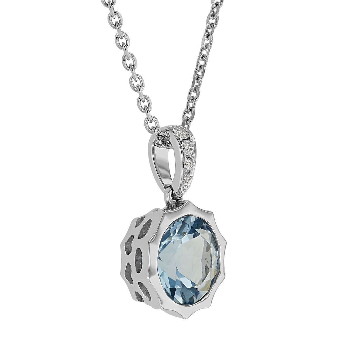 Round Aquamarine Pointed Bezel Pendant with Diamond Bail in White Gold, 18