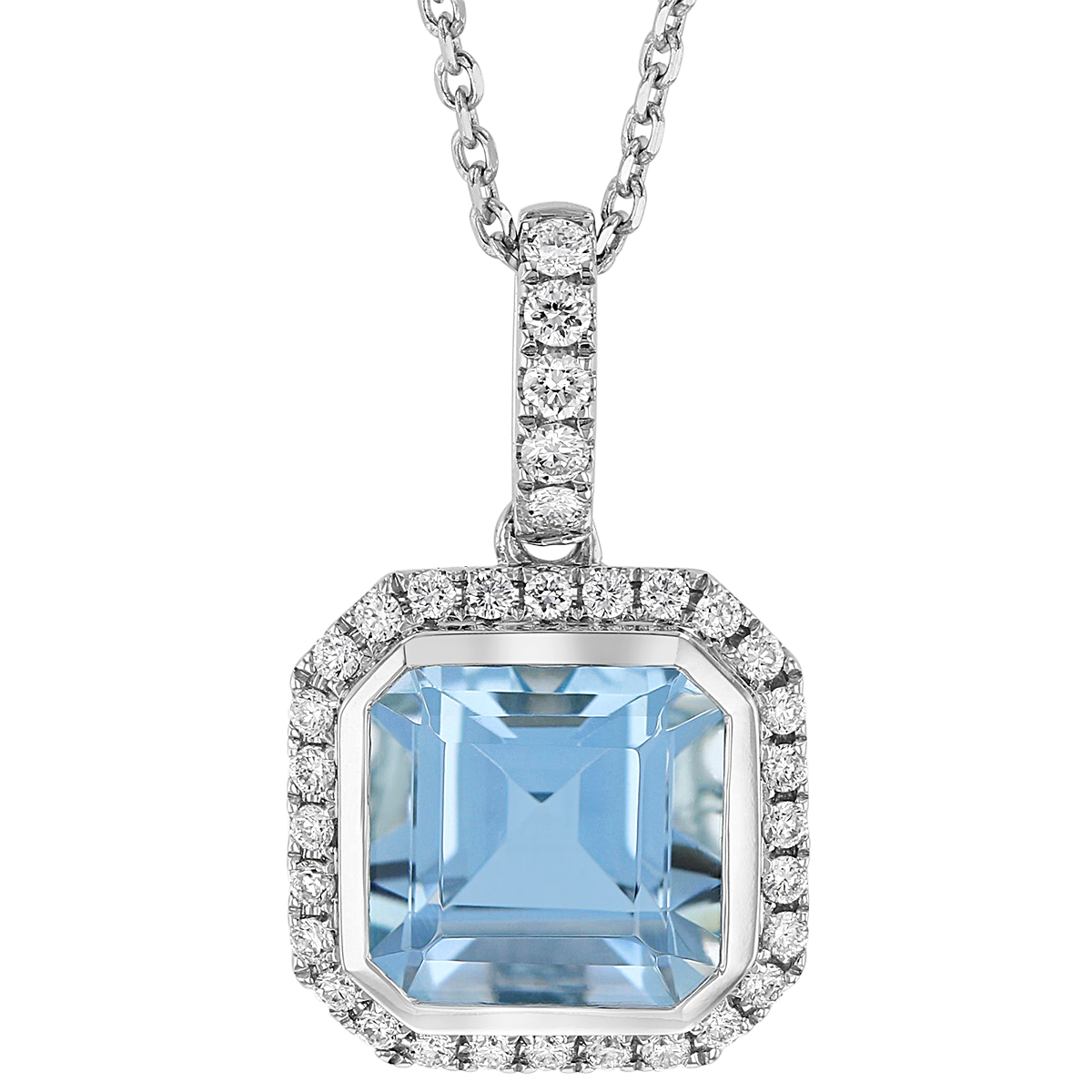 Cut Corner Radiant Aquamarine & Diamond Halo Pendant in White Gold, 18