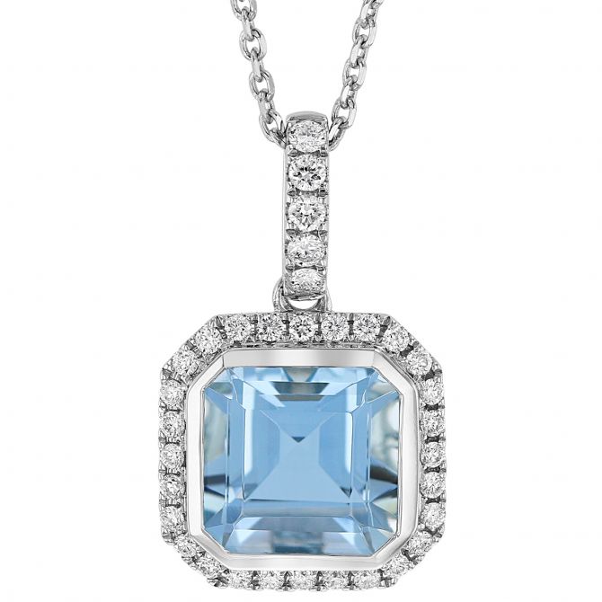 Cut Corner Radiant Aquamarine & Diamond Halo Pendant in White Gold, 18"
