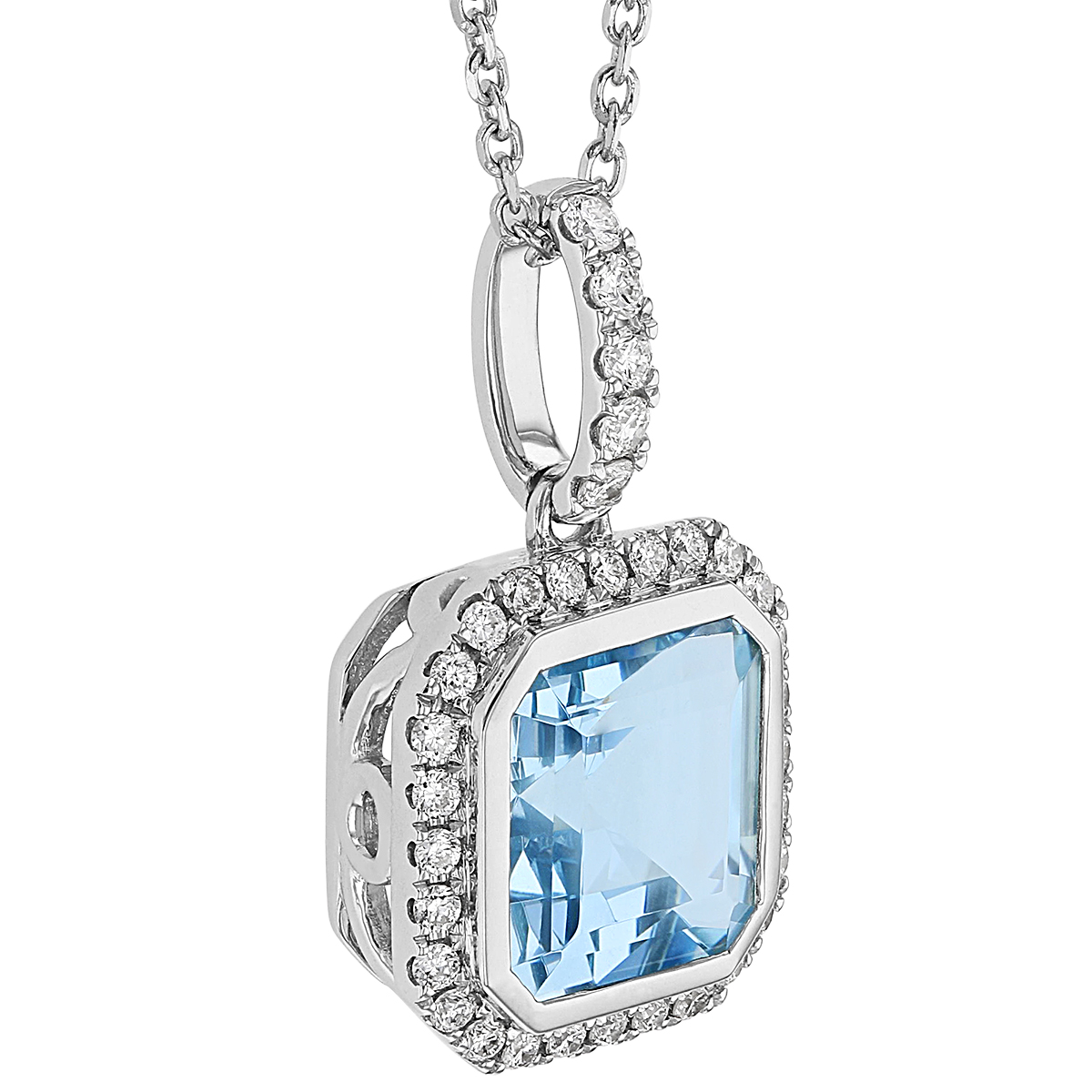 Cut Corner Radiant Aquamarine & Diamond Halo Pendant in White Gold, 18