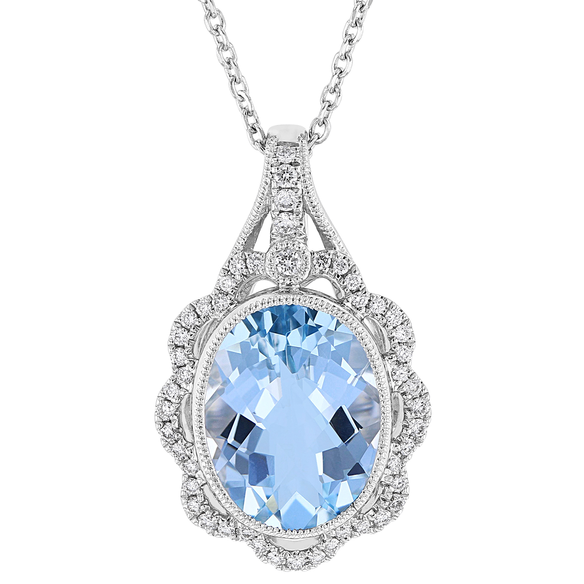Oval Aquamarine Pendant with Diamond Milgrain Scalloped Halo in White Gold, 18