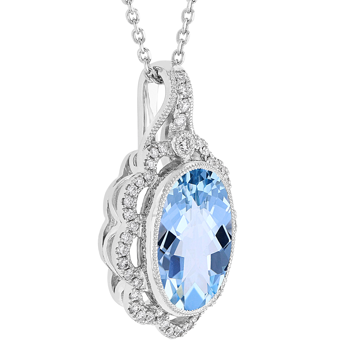Oval Aquamarine Pendant with Diamond Milgrain Scalloped Halo in White Gold, 18