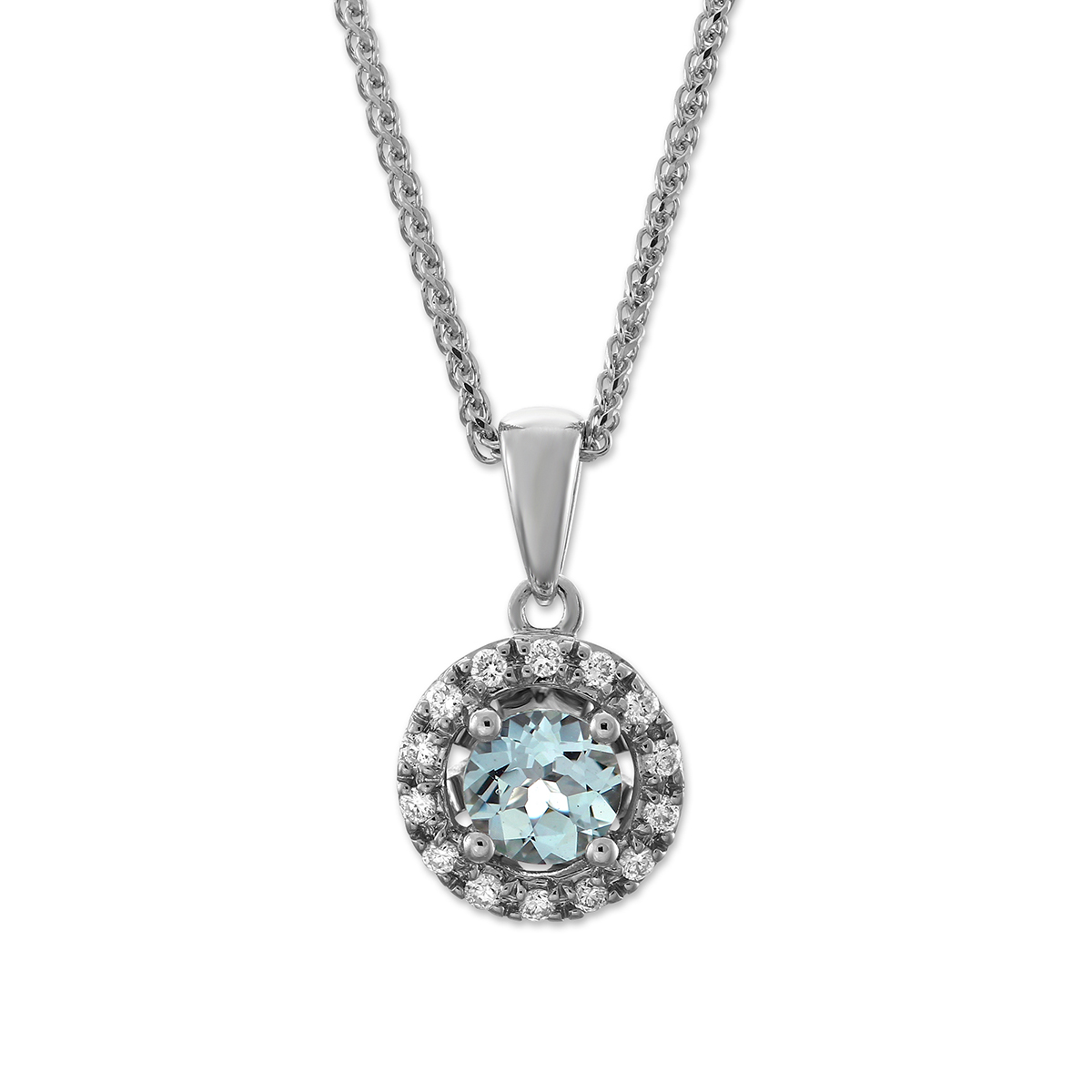 Round Aquamarine & Diamond Halo Pendant in White Gold, 18