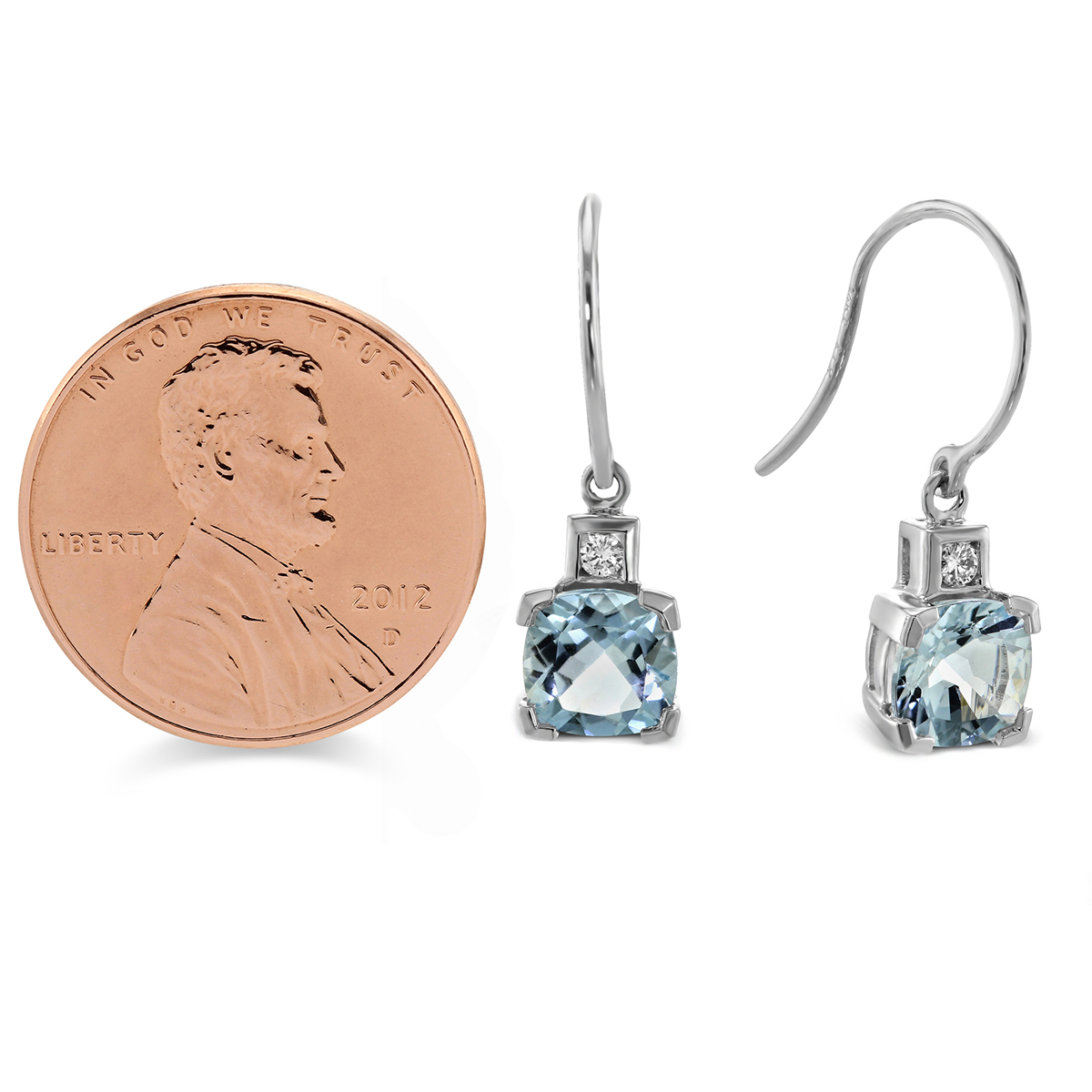 Cushion Aquamarine & Diamond Drop Earrings in White Gold