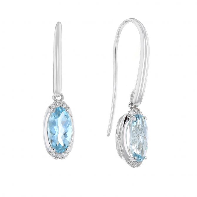 Checkerboard Oval Aquamarine & Diamond Dangle Earrings in White Gold