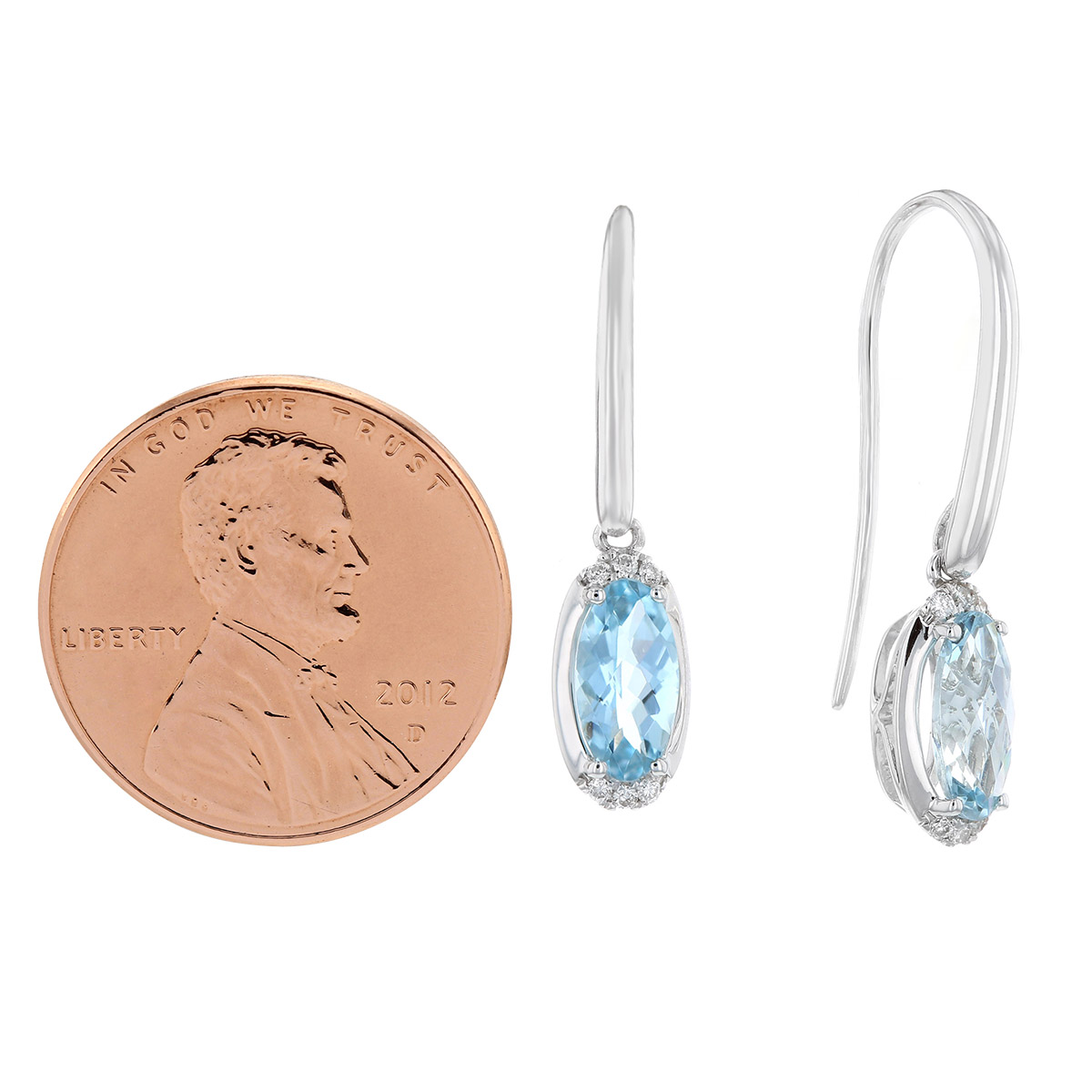 Checkerboard Oval Aquamarine & Diamond Dangle Earrings in White Gold
