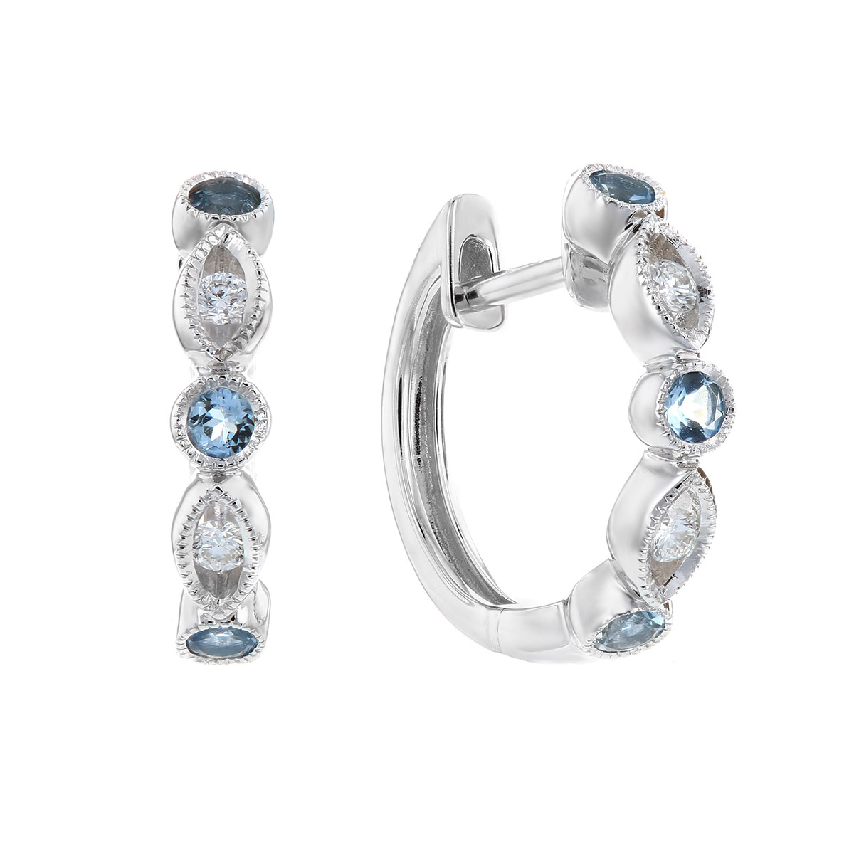 Aquamarine & Diamond Round & Navette Station Hoop Earrings in White Gold