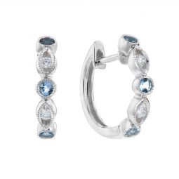 14k White Gold Aquamarine Diamond Round Navette Bezel Set 14k White Gold Aquamarine Diamond Round Navette Bezel Set Station Hoop Earrings