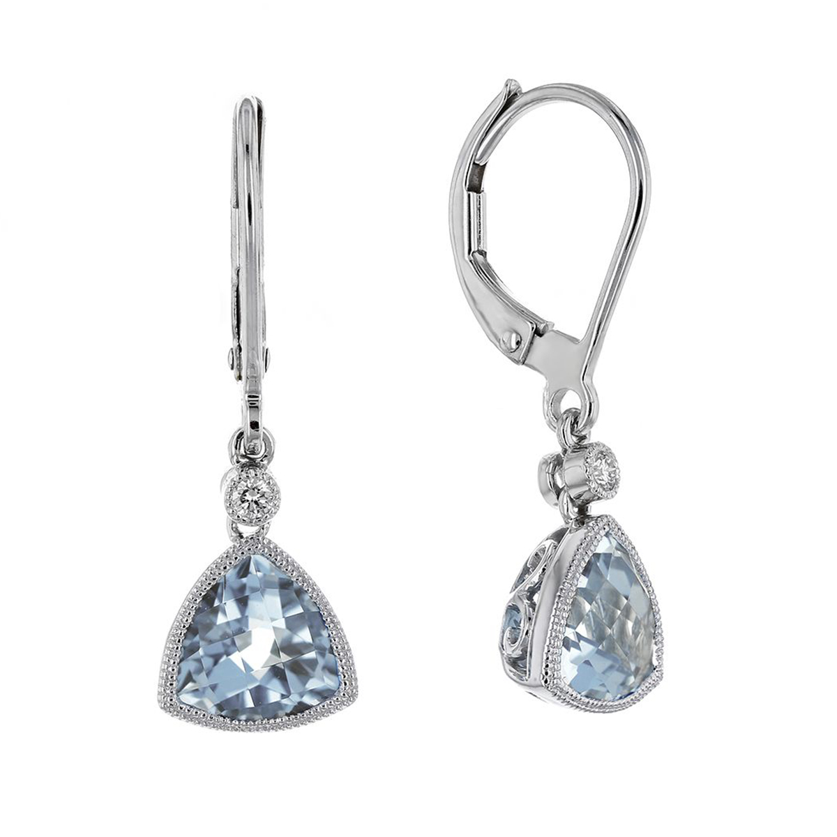 Checkerboard Trillion Aquamarine & Diamond Milgrain Drop Earrings in White Gold