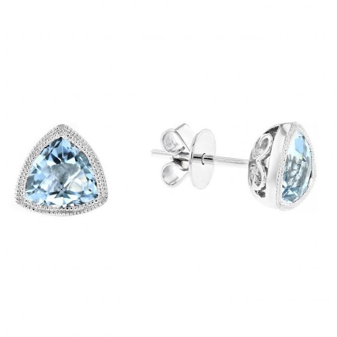 Checkerboard Trillion Aquamarine Milgrain Bezel Post Earrings in White Gold