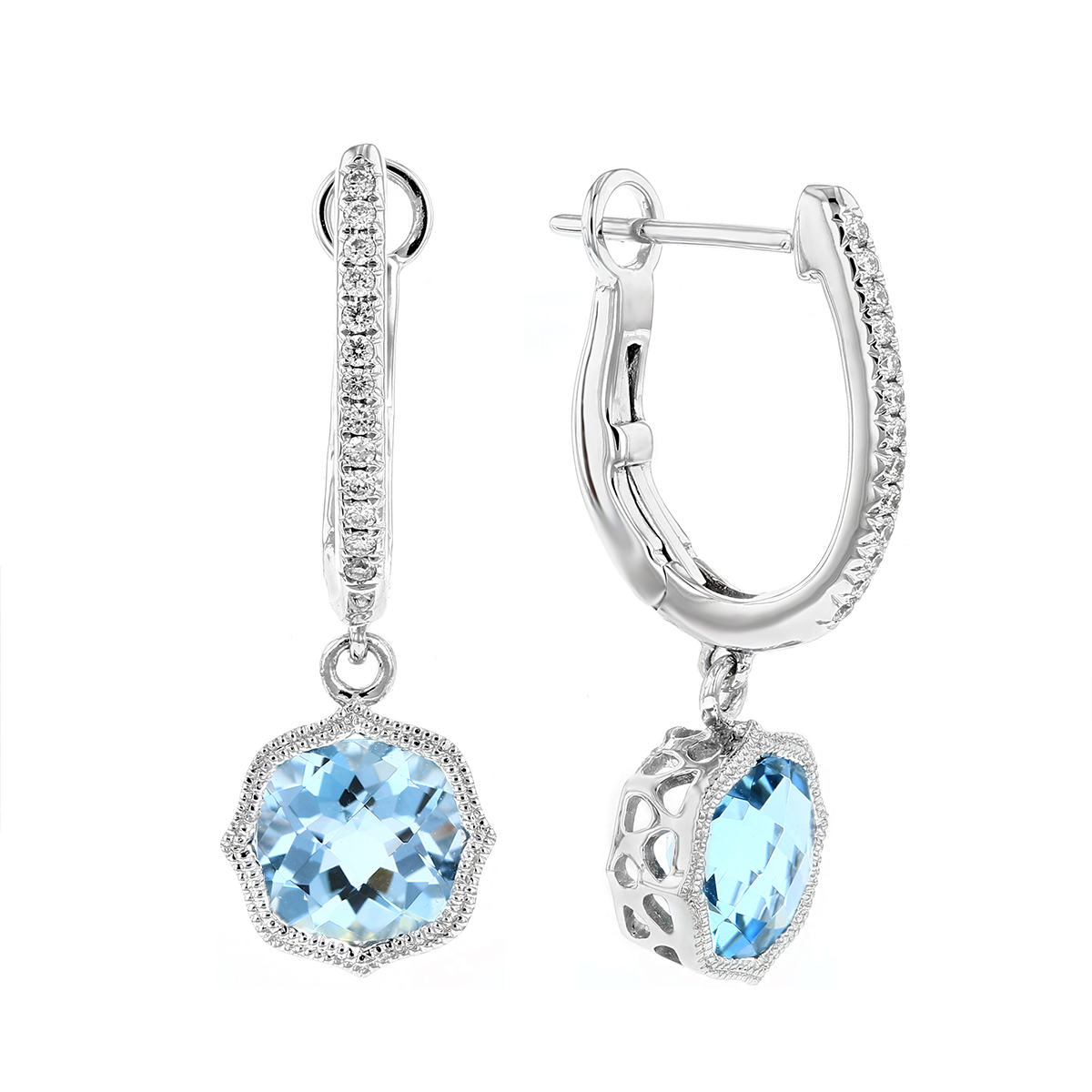 Cushion Aquamarine & Diamond Milgrain Quatrefoil Dangle Earrings in White Gold