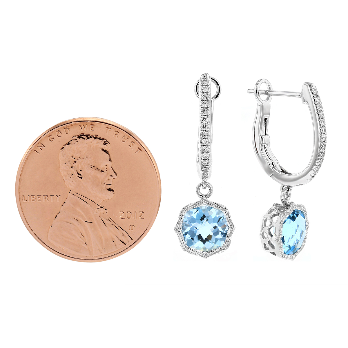 Cushion Aquamarine & Diamond Milgrain Quatrefoil Dangle Earrings in White Gold