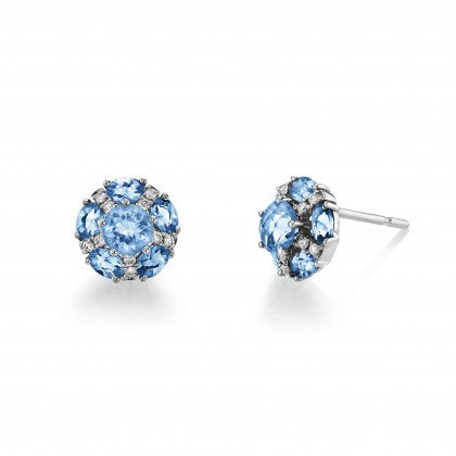 Aquamarine & Diamond Flower Stud Earrings in White Gold