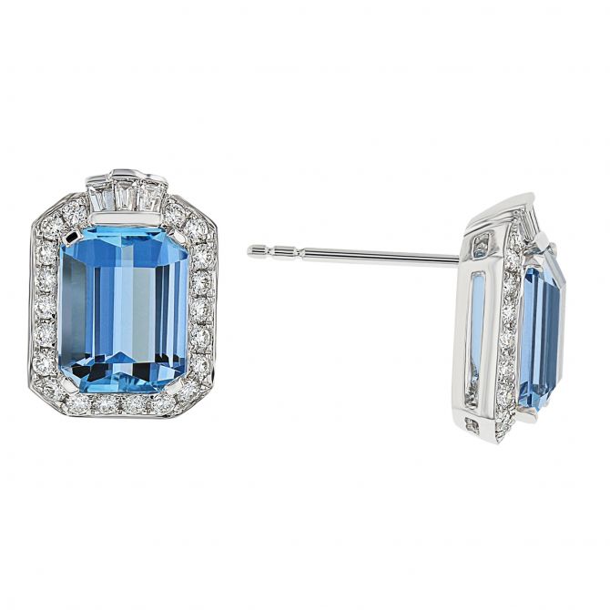 Emerald Cut Aquamarine & Diamond Frame Post Earrings in White Gold