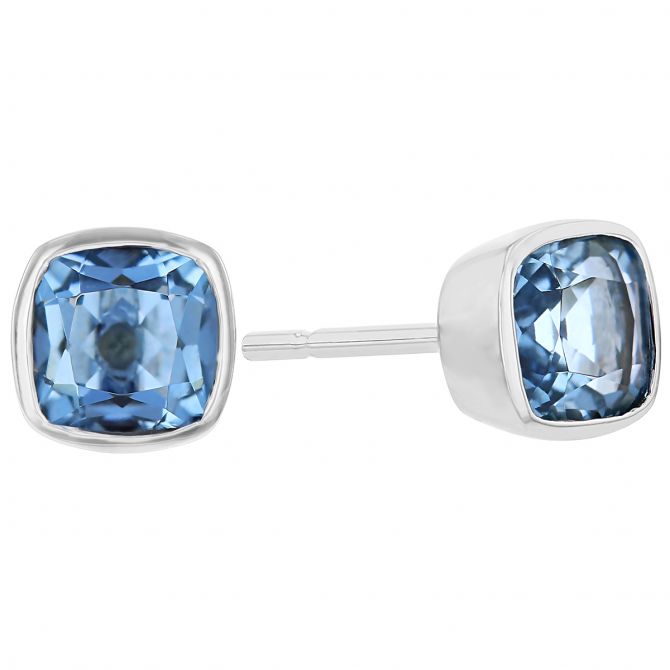Cushion Aquamarine Bezel Set Post Earrings in White Gold