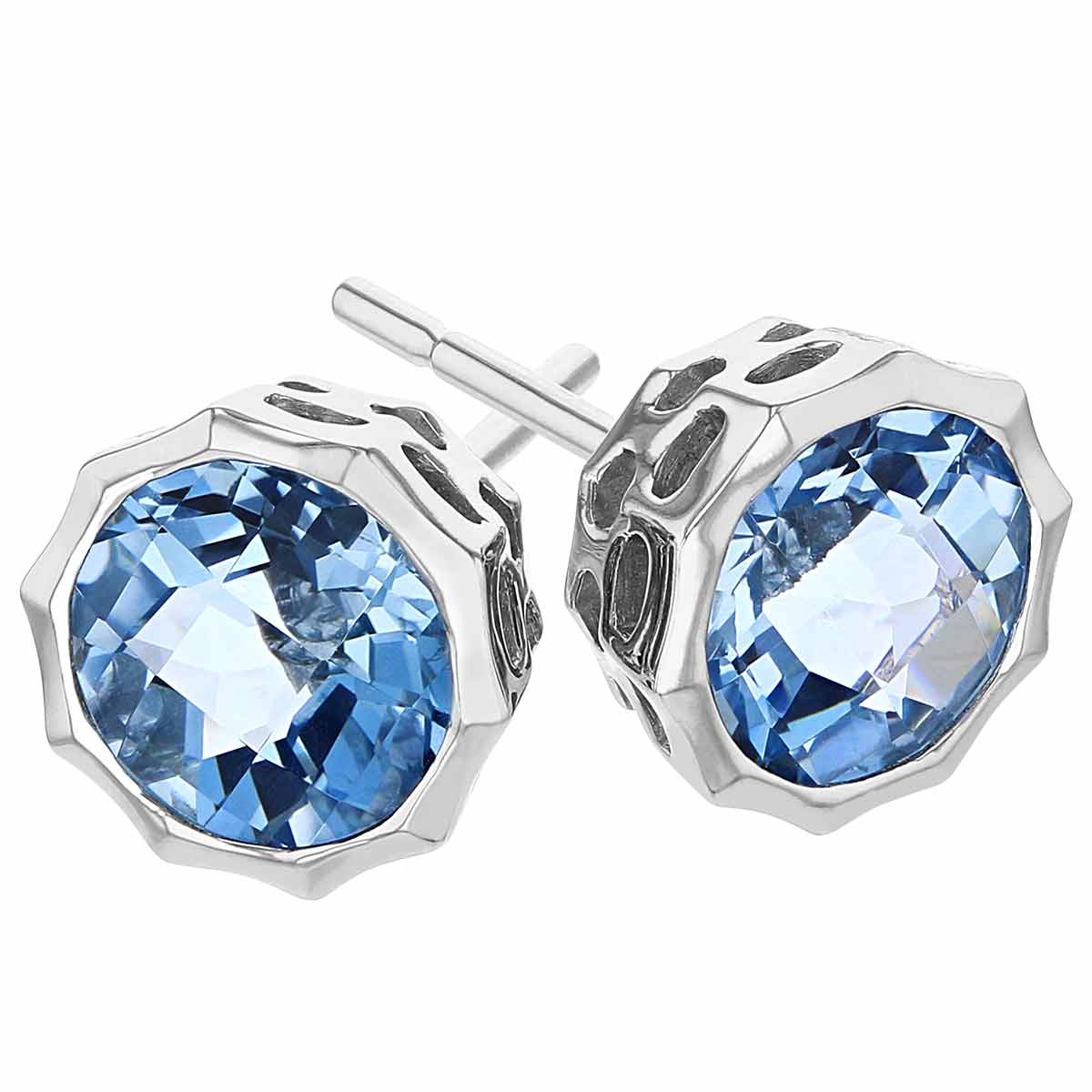 Round Checkerboard Aquamarine Pointed Bezel Post Earrings in White Gold