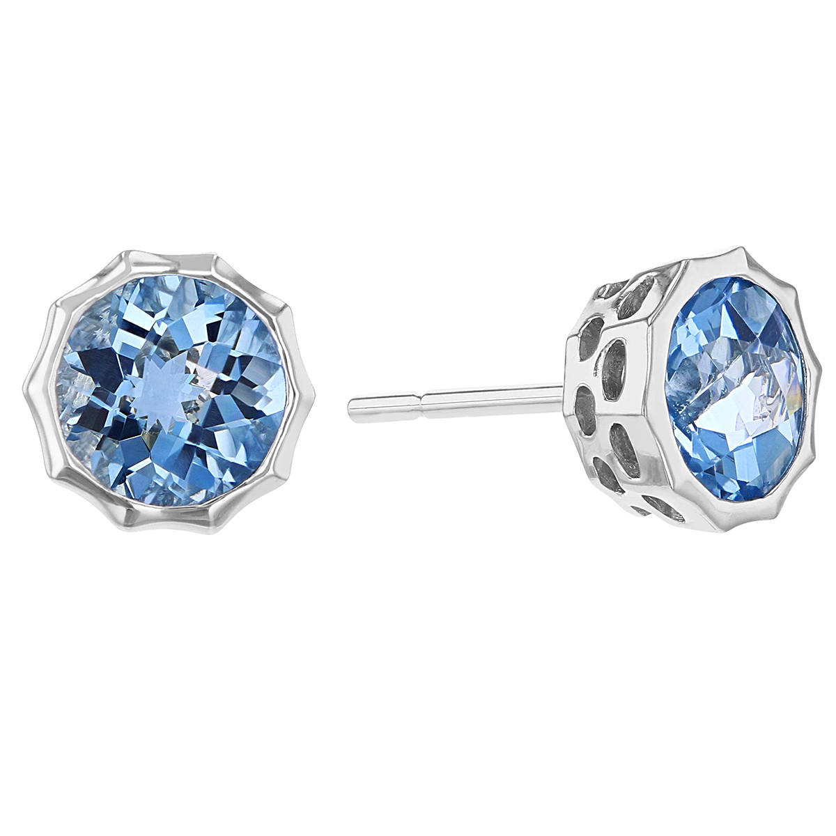 Round Checkerboard Aquamarine Pointed Bezel Post Earrings in White Gold