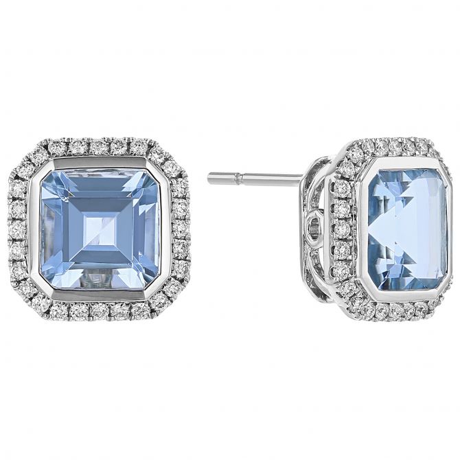 Square Stepcut Aquamarine & Diamond Frame Stud Earrings in White Gold
