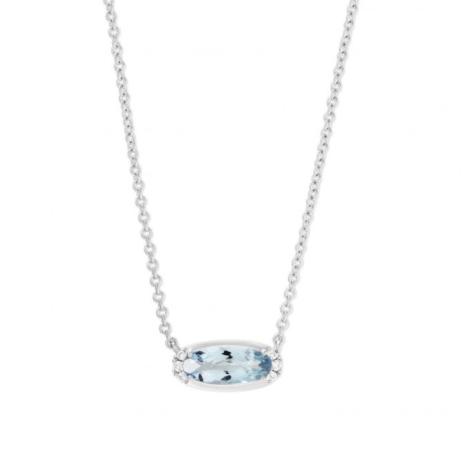 Oval Aquamarine & Diamond East West Pendant in White Gold, 18"