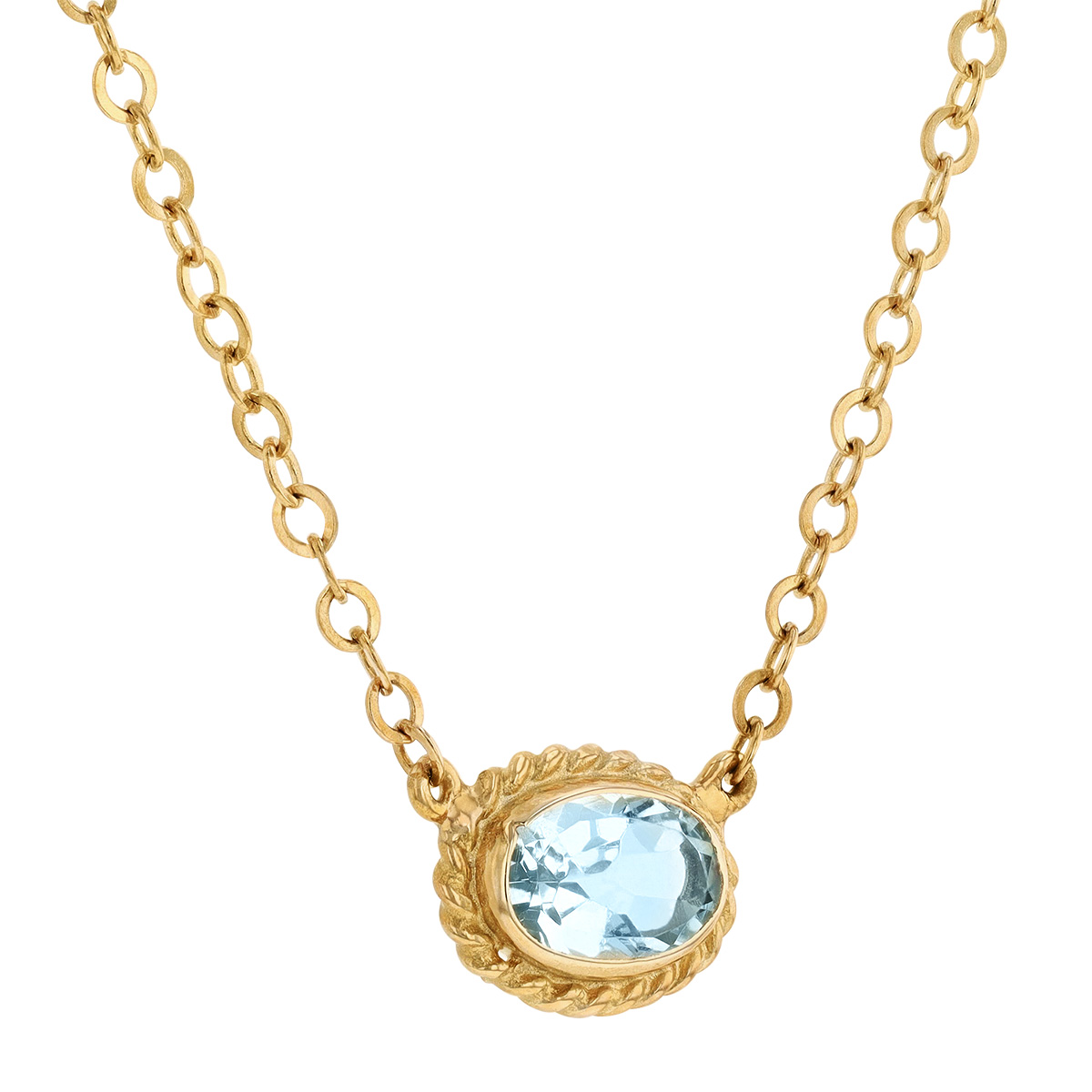 Oval Aquamarine Rope Bezel Necklace in Yellow Gold, 19
