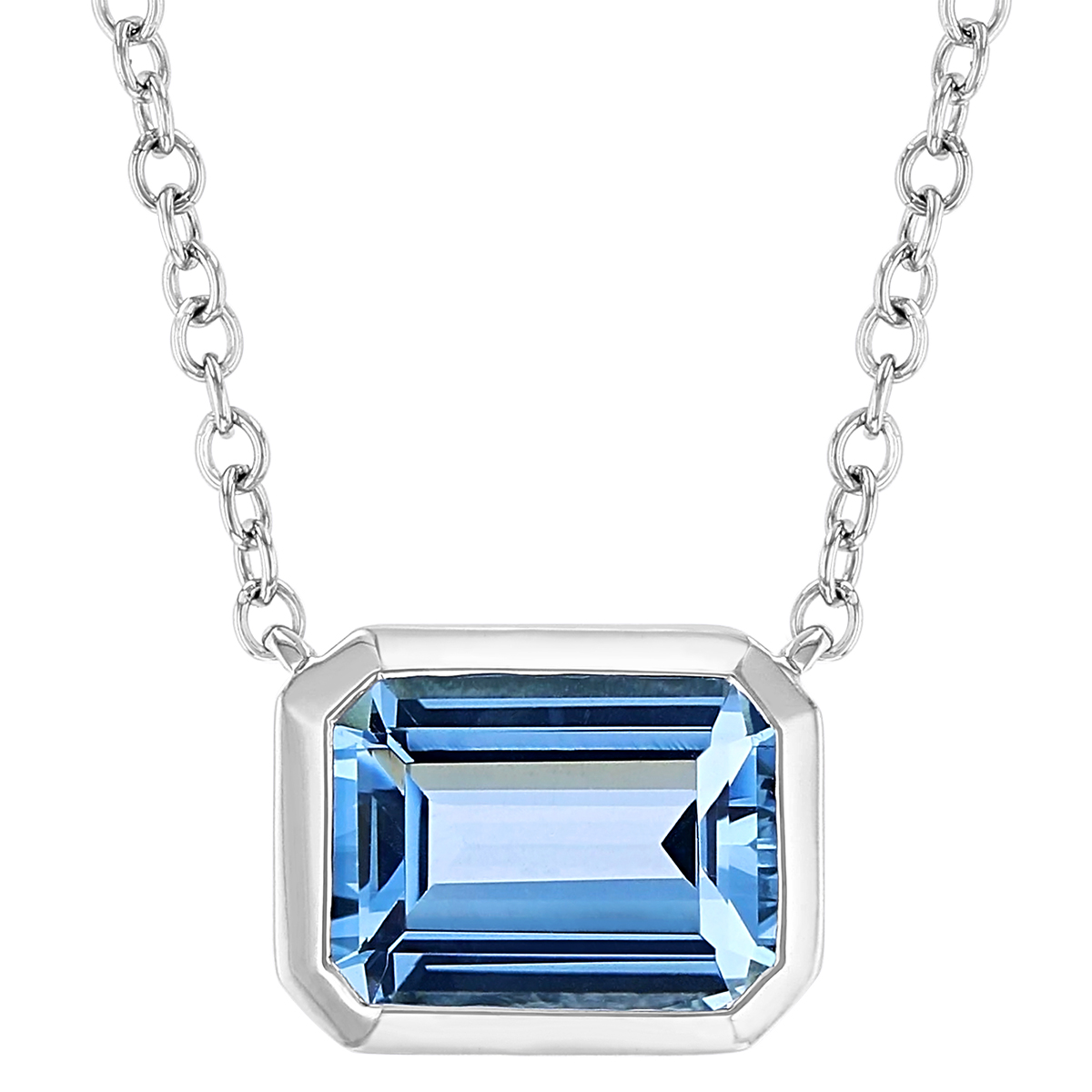 Emerald Cut Aquamarine Bezel Set necklace in White Gold, 18