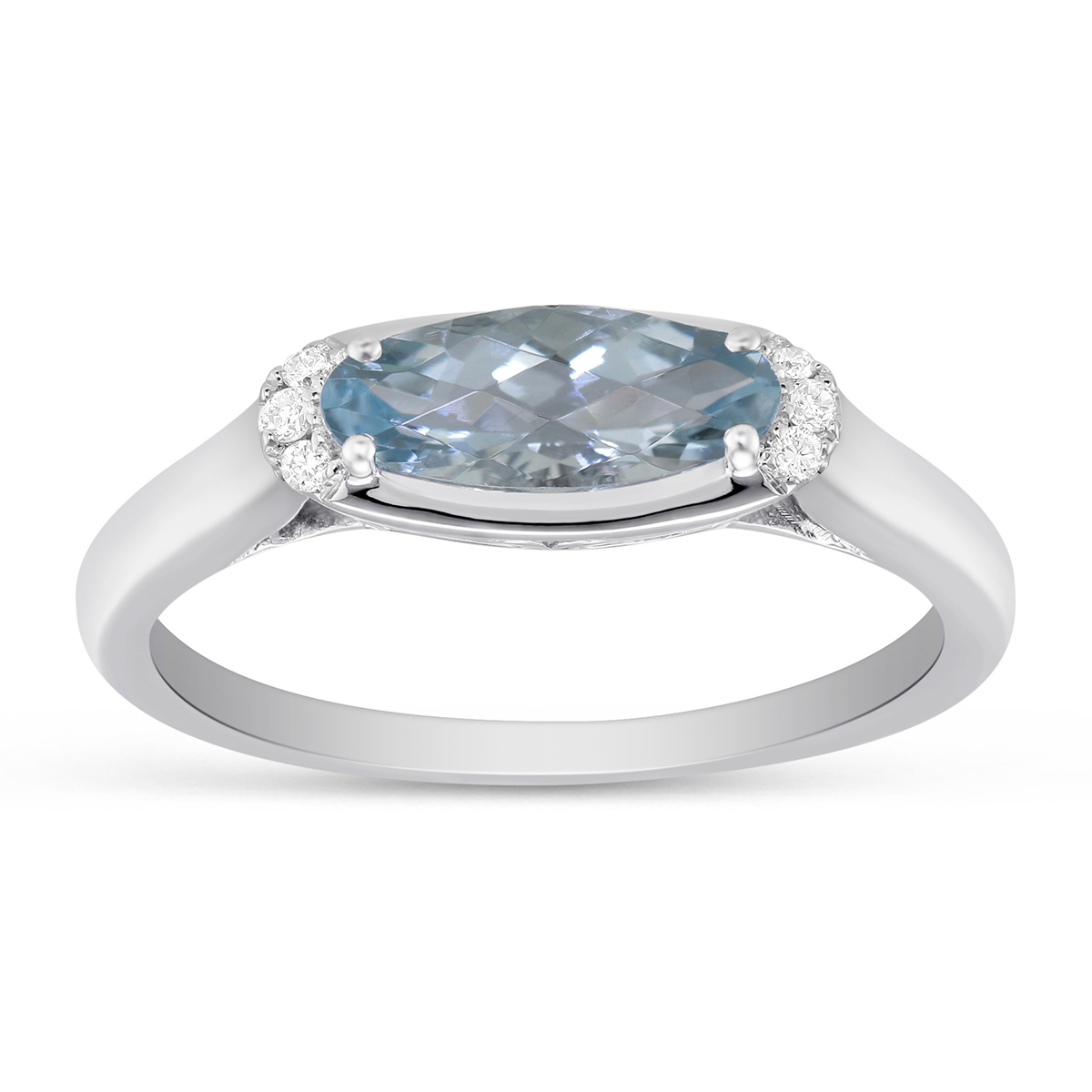 Checkerboard Faceted Oval Aquamarine & Diamond Ring in White Gold