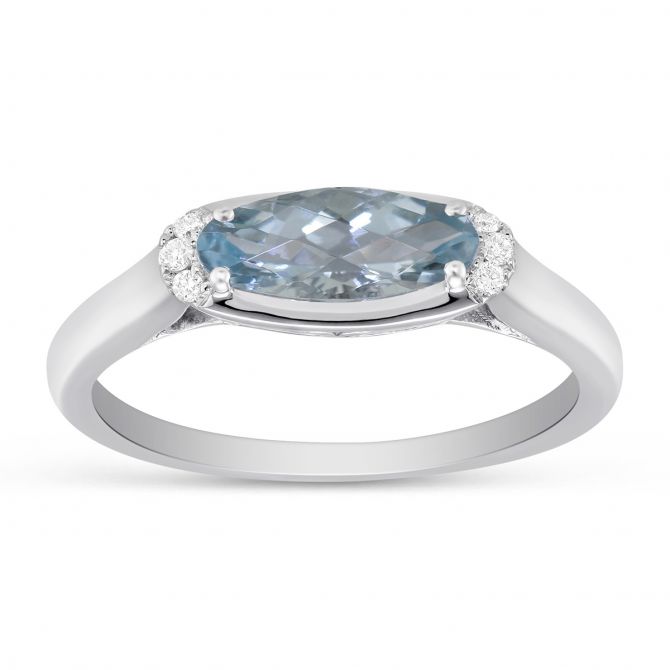 Checkerboard Faceted Oval Aquamarine & Diamond Ring in White Gold