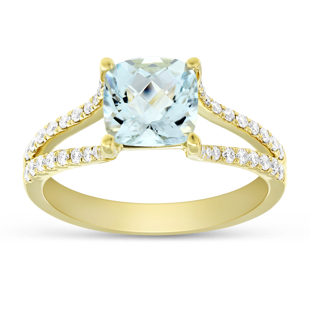 14K Yellow Gold Cushion Aquamarine & Diamond Split Shoulder Ring