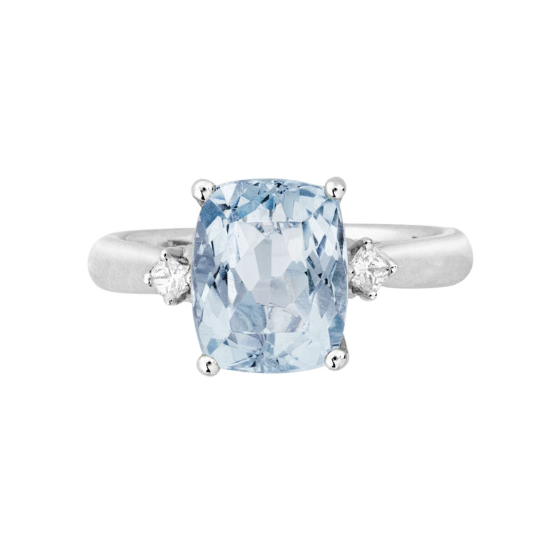 Cushion Aquamarine & Diamond 3 Stone Ring in White Gold
