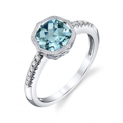 Cushion Aquamarine Quatrefoil Ring with Diamond Shank in White Gold