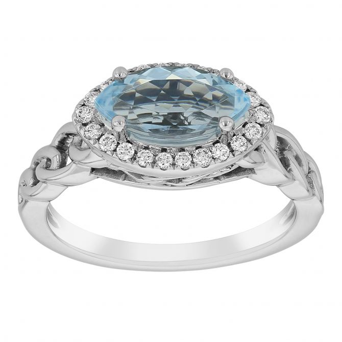 Horizontal Marquise Aquamarine & Diamond Halo Ring with Braided Shank in White Gold