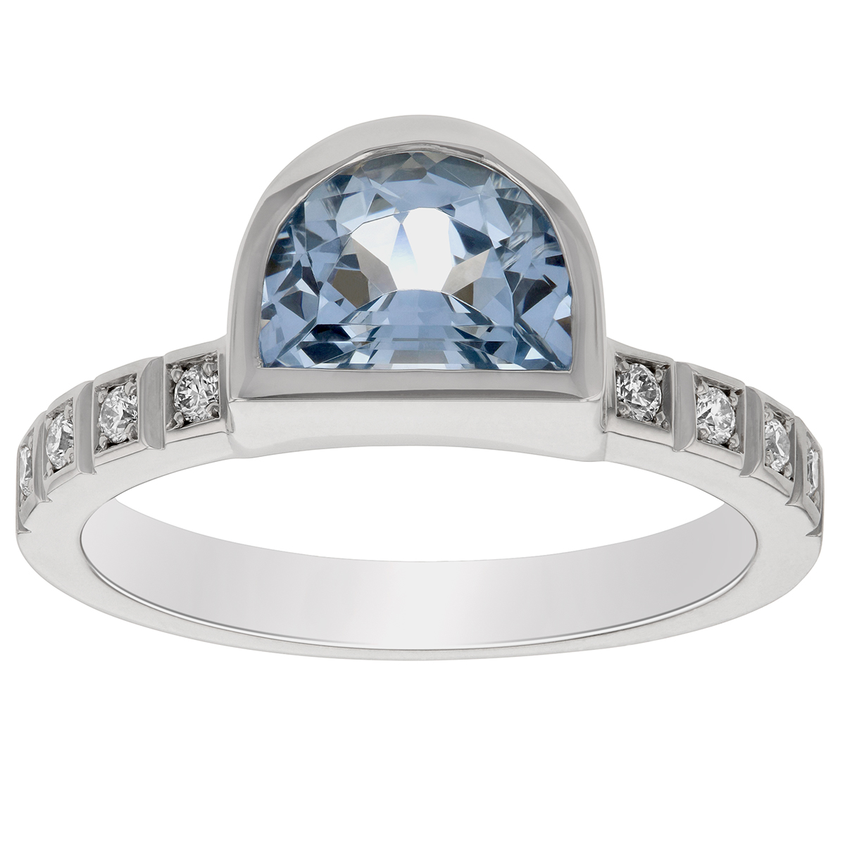 Half Moon Aquamarine Diamond Bezel Set Ring in White Gold