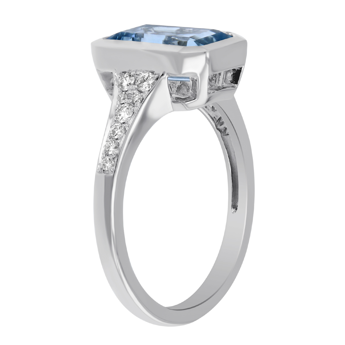 Emerald Cut Aquamarine Ring with Tapered Diamond Shank in White Gold