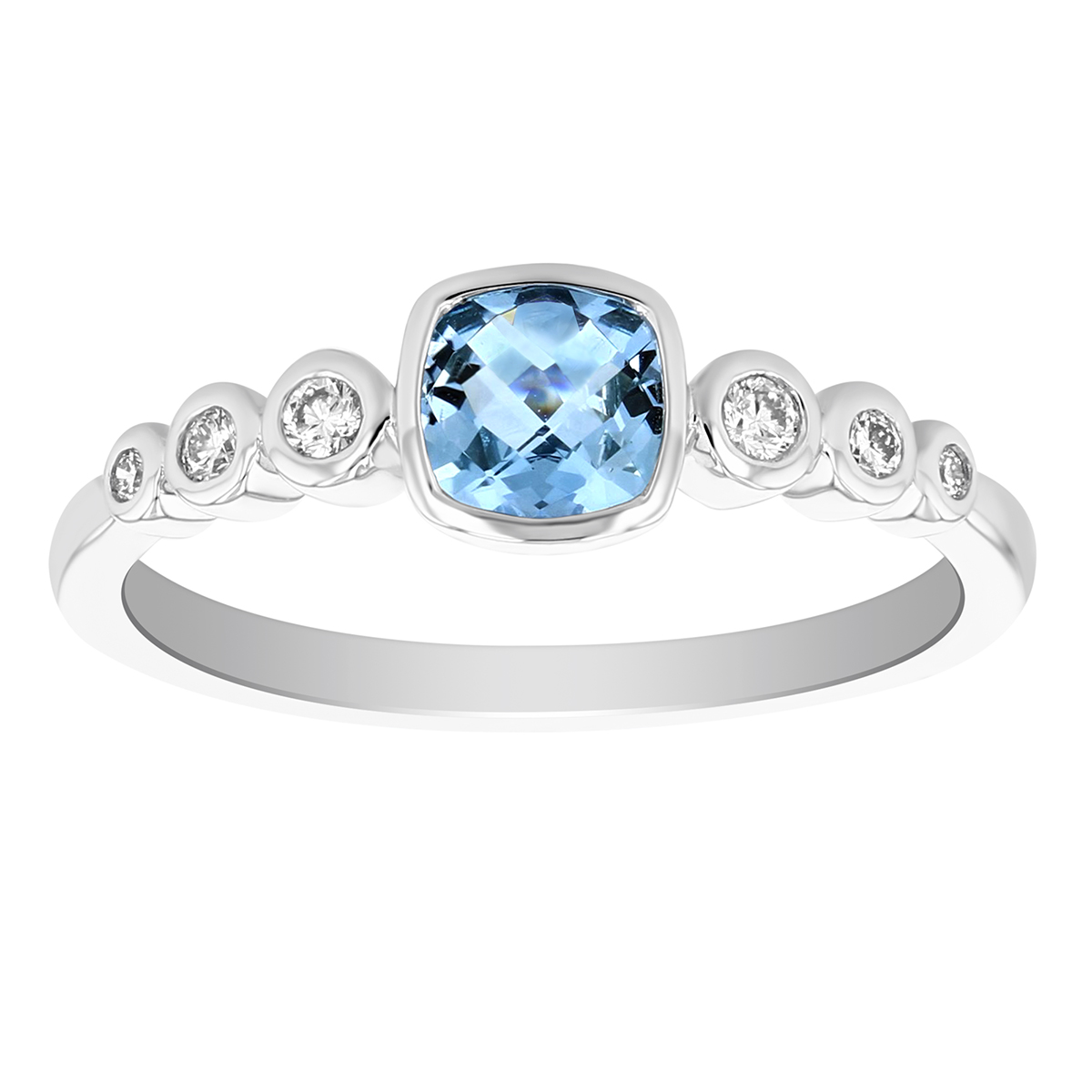 Cushion Aquamarine and Graduated Round Diamond Bezel Set Ring in White Gold