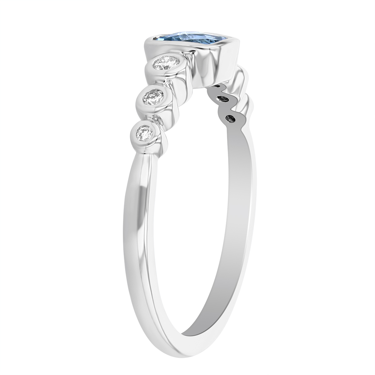 Cushion Aquamarine and Graduated Round Diamond Bezel Set Ring in White Gold